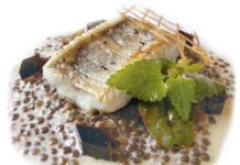 Heimischer Zander auf Linsenspecksauce und Balsamico-Gelee, foto dmp